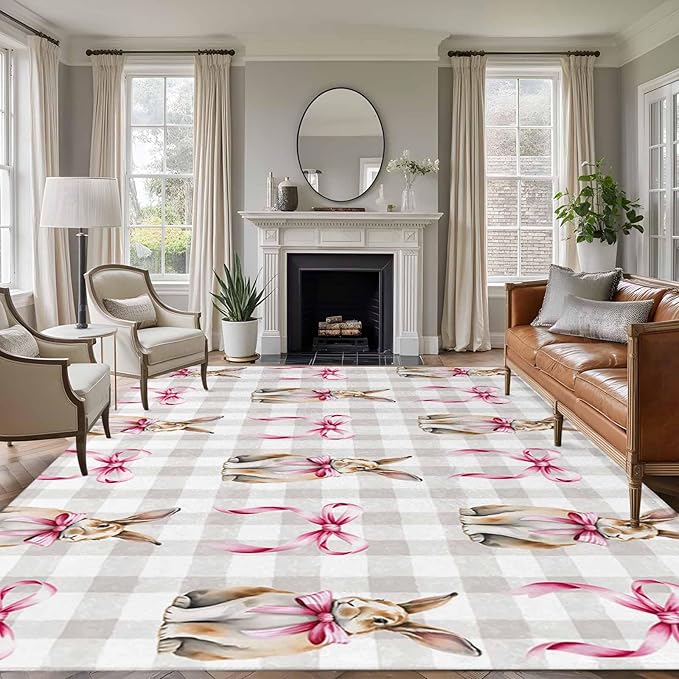 Area Rug 6x9ft, Easter Rabbit Pink Bow Washable Rugs for Living Room Bedroom, Seamless Bunny Gray Buffalo Plaid Soft Non-Slip Area Rugs Rectangle Floor Carpet for Dining Room