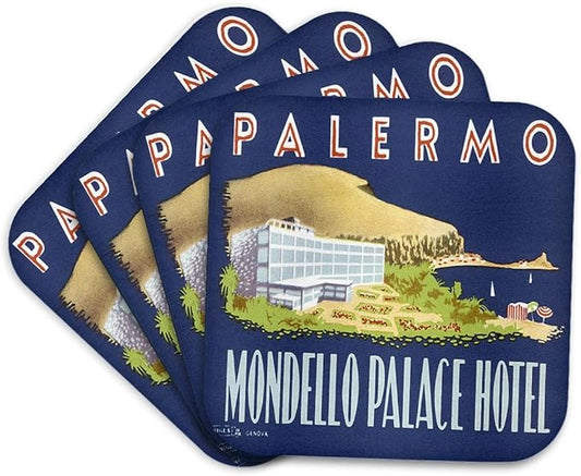 3dRose cst_129870_1 Vintage Palermo Italy Mondello Palace Hotel Luggage Label-Soft Coasters, Set of 4
