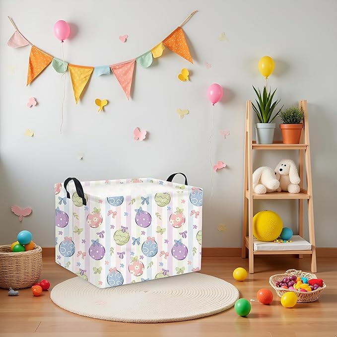 HIYAGON Rectangular Easter Basket Fabric Storage Bin Boxes Collapsible Baby Girl Basket for Clothes Books Shelves Basket(Bowknot Egg)