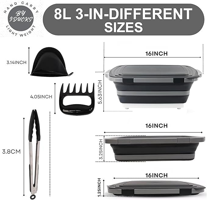 Collapsible BBQ Prep Tub 8L Black | Portable Meat Marinating Container with Locking Cutting Board Lid, BBQ Tongs, 2 Meat Shredding Claws & 2 Heat-Resistant Grill Gloves for Camping & Grilling