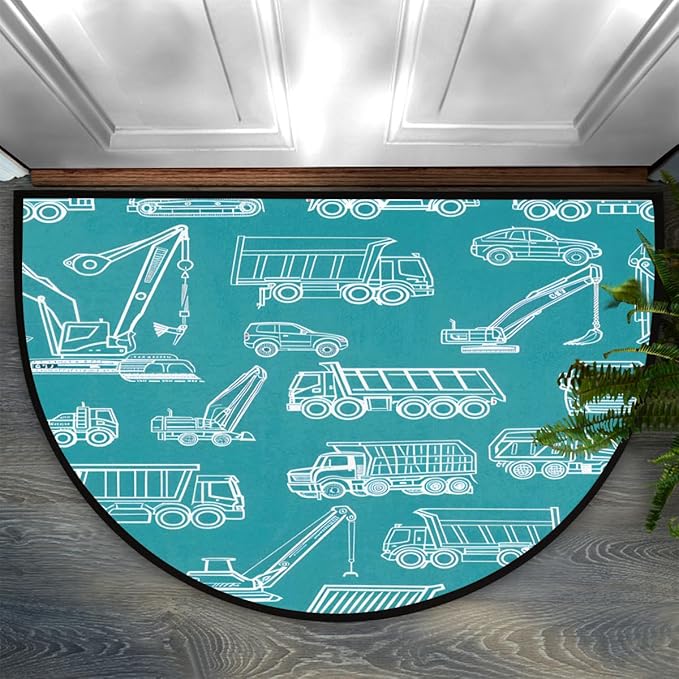 Excavator Transporter Half-Round Door Mat | Indoor Entrance Half-Moon Rug | Low-Pile | Area Rug, Non-Slip, Absorbent Semi-Circle Welcome Mats for Kitchen, Patio, and Home Decor | 36x24 Inches