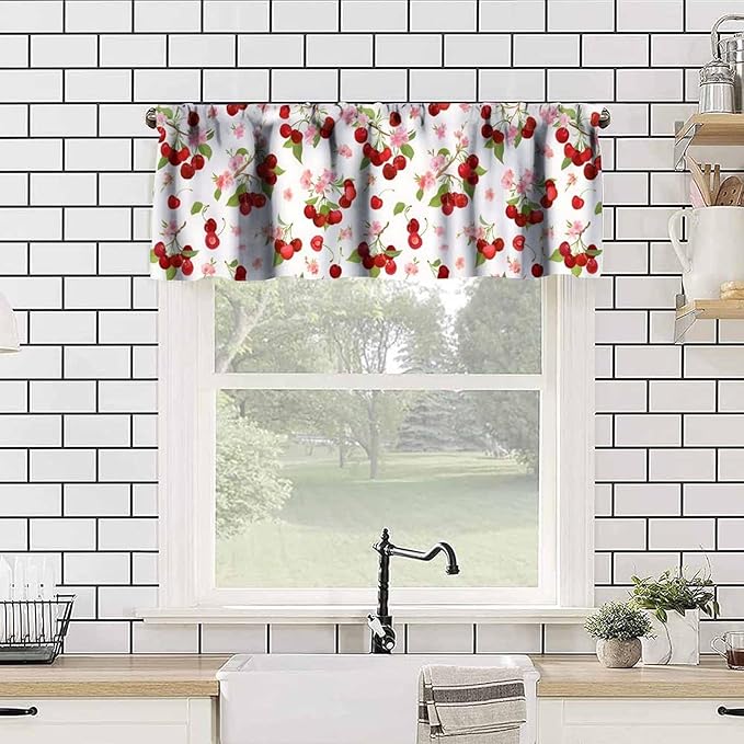 Cherry Floral Curtain Valance, Red Fruit Pink Flower Blossom Spring Decorative Short Window Treatment for Kitchen Dining Bedroom Living Room Home Decor, 54x18Inch