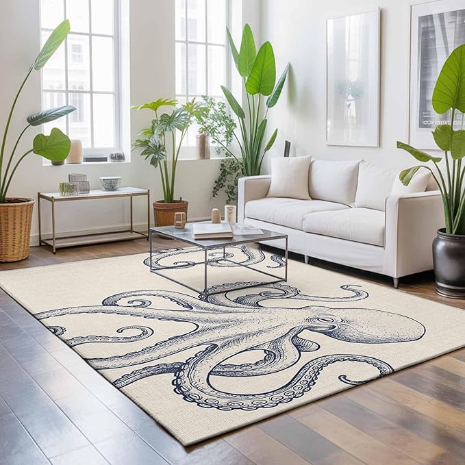 Area Rug 9x12ft, Marine Octopus Sea Monster Washable Rugs for Living Room Bedroom Rectangle Floor Carpet, Farmhouse Ocean Life on Linen Soft Non-Slip Area Rugs for Dining Room