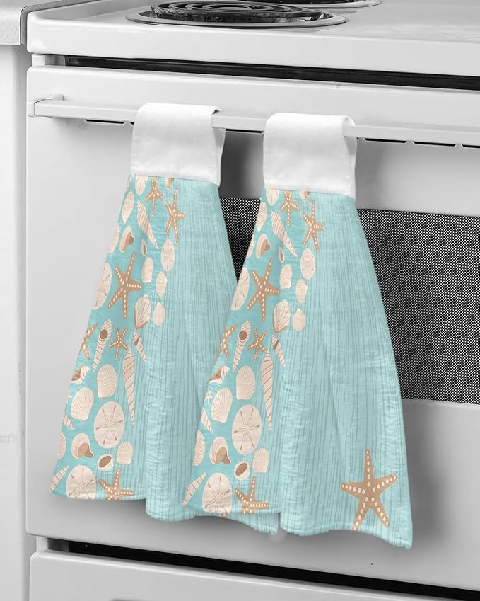 Alandar Home Kitchen Tie Towel Set of 1, Summer Starfish Shell Absorbent Soft Hand Towels for Bathroom Hanging Towels, Abstract Striped on Green Background Fast Drying Cleaning Cloth with Loop