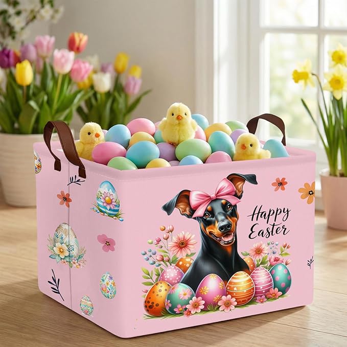 Kid Large Empty Easter Basket Gift Personalized Fabric Bunny Easter Basket for Boy and Girl Room Decor Storage Bin (Dog Easter Egg Pink)