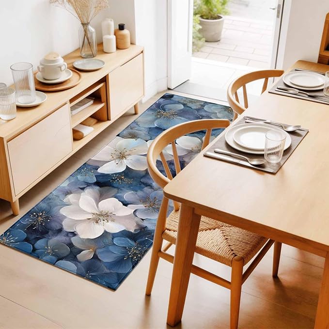 Runner Rug for Bedroom Hallway, Watercolor White Navy Blue Floral Foliage Kitchen Runner Rugs Area Rug 2x6ft, Abstract Flower Washable Soft Floor Carpet for Entryway Stair