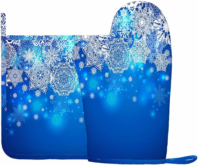 Mxocom Snowflake Oven Mitts and Pot Holders Sets Blue and White Background Silicone Heat Resistant Kitchen Oven Gloves Pot Holder for Cooking