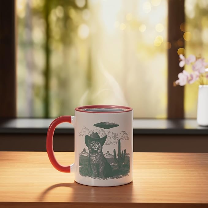 Feline in Hat UFO Sighting Arid Wilderness Cat Design Ceramic Mug, Red/White