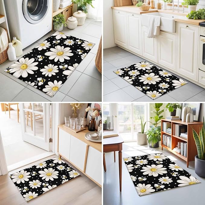 Area Rug 2x3ft, Watercolor White Floral Daisy Bee Washable Rugs for Living Room Bedroom, Blossom Flower on Black Soft Non-Slip Area Rugs Rectangle Floor Carpet for Dining Room