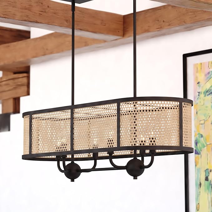 VAXCEL Berens 6L Linear Chandelier Island Pendant Fixture with Rattan Shade, Farmhouse Style Mounted Ceiling Lighting, Matte Black Finish
