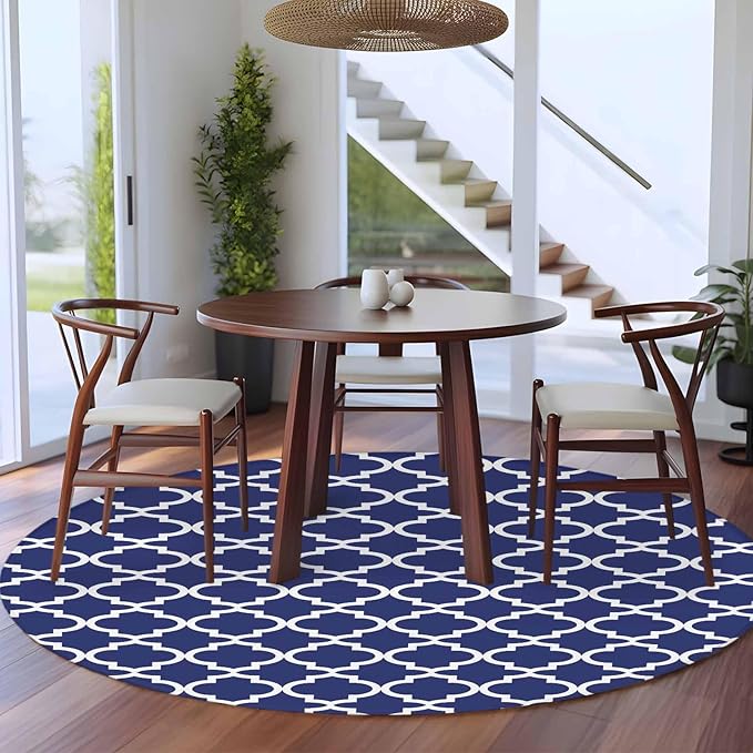 Washable Round Area Rug Navy Blue Moroccan Plaid Circle Rugs Floor Carpet for Living Room Bedroom, White Line Buffalo Lattice Soft Non Slip Round Rug 5ft