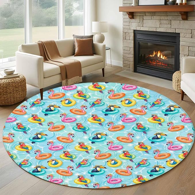 Washable Round Area Rug Summer Pool Float Swim Rings Circle Rugs Floor Carpet for Living Room Bedroom, Tropical Flamingo Birds Soft Non Slip Round Rug 5ft