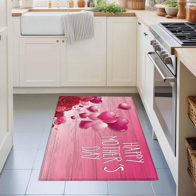 Area Rug 2x3ft, Mother's Day Love Balloon Rose Washable Rugs for Living Room Bedroom, Gradient Pink Wood Grain Soft Non-Slip Area Rugs Rectangle Floor Carpet for Dining Room