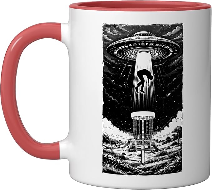 Disc Golf UFO Funny Flying Saucer Alien Abduction Basket Ceramic Mug, Red/White