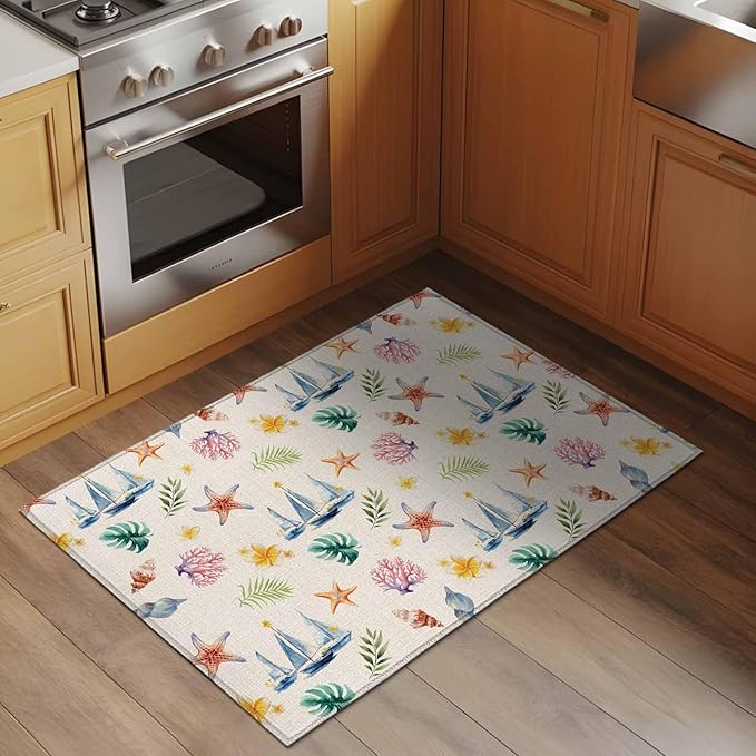 Area Rug 2x3ft, Summer Sea Starfish Sailboat Washable Rugs for Living Room Bedroom, Marine Life Coral on Linen Soft Non-Slip Area Rugs Rectangle Floor Carpet for Dining Room