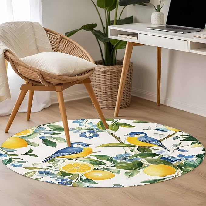 Washable Round Area Rug Pastoral Vintage Lemon Blue Bird Circle Rugs Floor Carpet for Living Room Bedroom, Retro Yellow Fruit Flowers Soft Non Slip Round Rug 3ft