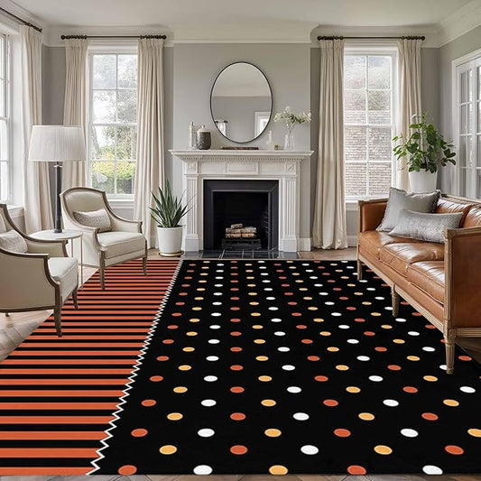 Area Rug 8x10ft, Halloween Polka Dots Orange Stripes Washable Rugs for Living Room Bedroom, Seamless Dot on Black Soft Non-Slip Area Rugs Rectangle Floor Carpet for Dining Room