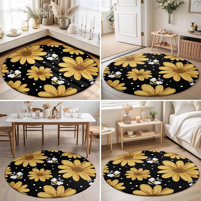 Washable Round Area Rug Summer Daisy Flower Bee on Black Circle Rugs Floor Carpet for Living Room Bedroom, Spring Watercolor Floral Soft Non Slip Round Rug 3ft