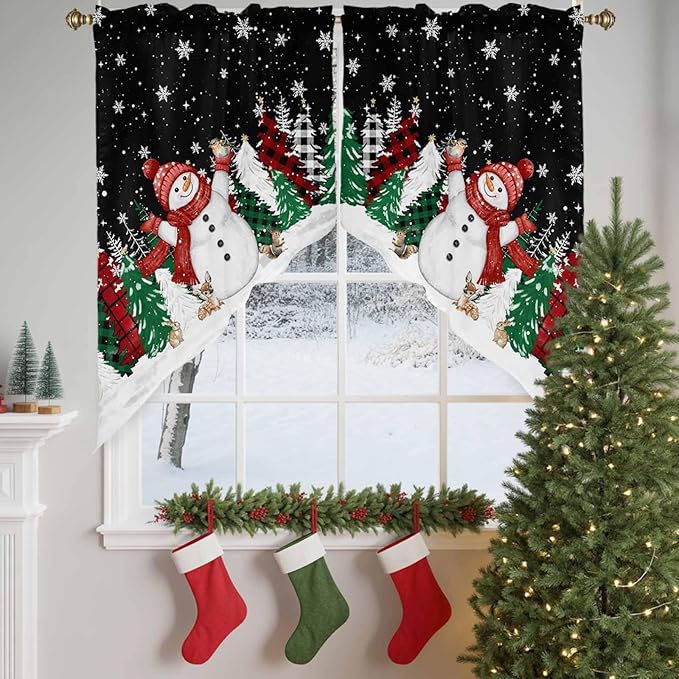 Christmas Snowman Swag Valance Curains Winter Xmas Tree Snowflakes Black Rod Pocket Kitchen Curtains Scalloped Window Treatment Valances Swag for Living Room Bedroom, 1 Pair, 36"W x 45"L