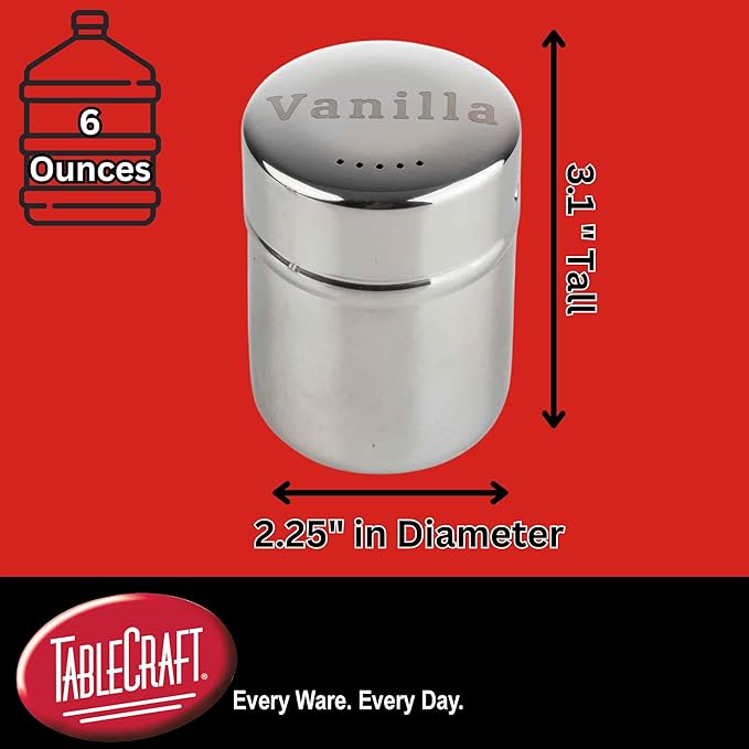 TableCraft 11053 Shaker, 6 oz., "Vanilla" Imprint, Dishwasher Safe, Stainless Steel