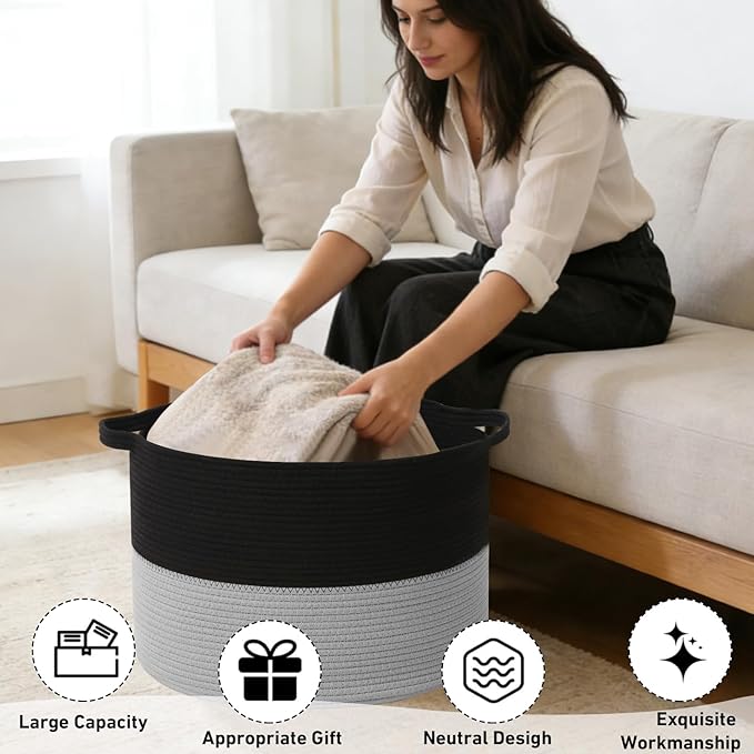 65L Large Blanket Basket, 19.7" L x 19.7" W x 13" H Rope Woven Storage Basket,Laundry Hamper for Toys, Clothes, Pillows,Towels, Perfect for Living Room, Nursery & Bedroom,Black&Light Grey