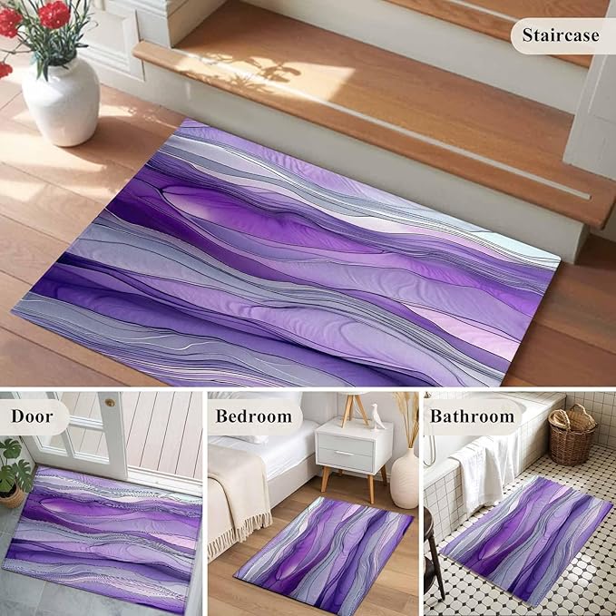 Area Rug 2x3ft, Abstract Art Purple Gray Wave Washable Rugs for Living Room Bedroom, Vintage Marble Texture Soft Non-Slip Area Rugs Rectangle Floor Carpet for Dining Room