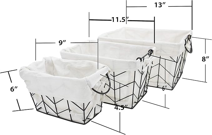 Admired by Nature Metal Wire Storage Basket with Soft Fabric Liners - Set of 3 Sizes Decorative Nesting Basket Crates for Home, Kitchen, Bathroom, Classroom Decor (S, M, L)