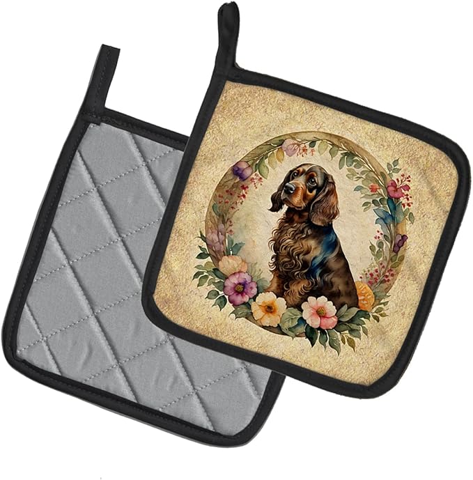 Caroline's Treasures Field Spaniel and Flowers Pair of Pot Holders Kitchen Heat Resistant Pot Holders Sets Oven Hot Pads for Cooking Baking BBQ, 7 1/2 x 7 1/2
