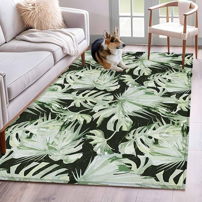 Area Rug 4x6ft, Abstract Dark Green Palm Leaves Washable Rugs for Living Room Bedroom, Watercolor Plants Soft Non-Slip Area Rugs Rectangle Floor Carpet for Dining Room