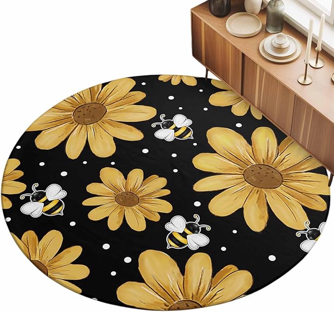 Washable Round Area Rug Summer Daisy Flower Bee on Black Circle Rugs Floor Carpet for Living Room Bedroom, Spring Watercolor Floral Soft Non Slip Round Rug 5ft