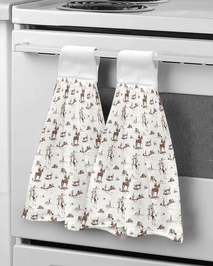 Alandar Home Kitchen Tie Towel Set of 2, Vintage Brown Cactus Horse on Beige Absorbent Soft Hand Towels for Bathroom Hanging Towels, Western Cowboy Desert Fast Drying Cleaning Cloth with Loop