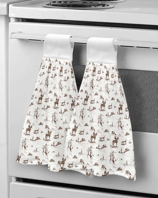Alandar Home Kitchen Tie Towel Set of 2, Vintage Brown Cactus Horse on Beige Absorbent Soft Hand Towels for Bathroom Hanging Towels, Western Cowboy Desert Fast Drying Cleaning Cloth with Loop