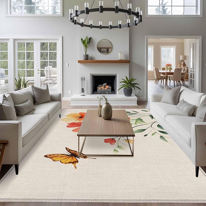 Area Rug 6x9ft, Summer Watercolor Flower Butterfly Washable Rugs for Living Room Bedroom, Green Leaves Retro Linen Soft Non-Slip Area Rugs Rectangle Floor Carpet for Dining Room