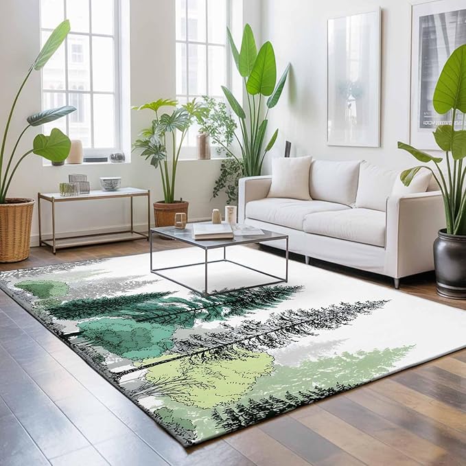 Area Rug 9x12ft, Minimalist Pine Tree Washable Rugs for Living Room Bedroom Rectangle Floor Carpet, Farmhouse Watercolor Plants Soft Non-Slip Area Rugs for Dining Room