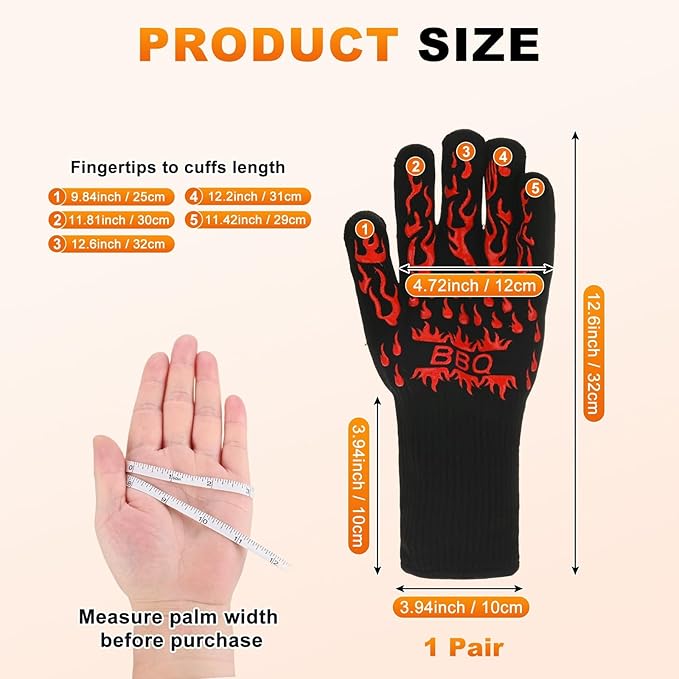 M METERXITY 1-Pair BBQ Gloves, 1472°F Heat Resistant Non-Slip Grilling Oven Gloves for Barbecue/Baking/Cooking [L Size, Red]