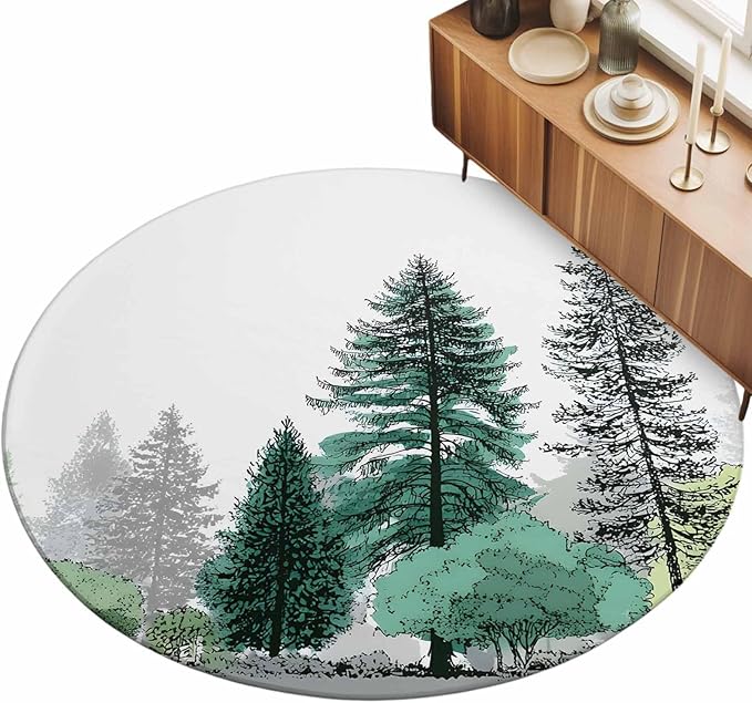 Washable Round Area Rug Minimalist Pine Tree Circle Rugs Floor Carpet for Living Room Bedroom, Farmhouse Watercolor Plants Soft Non Slip Round Rug 3ft