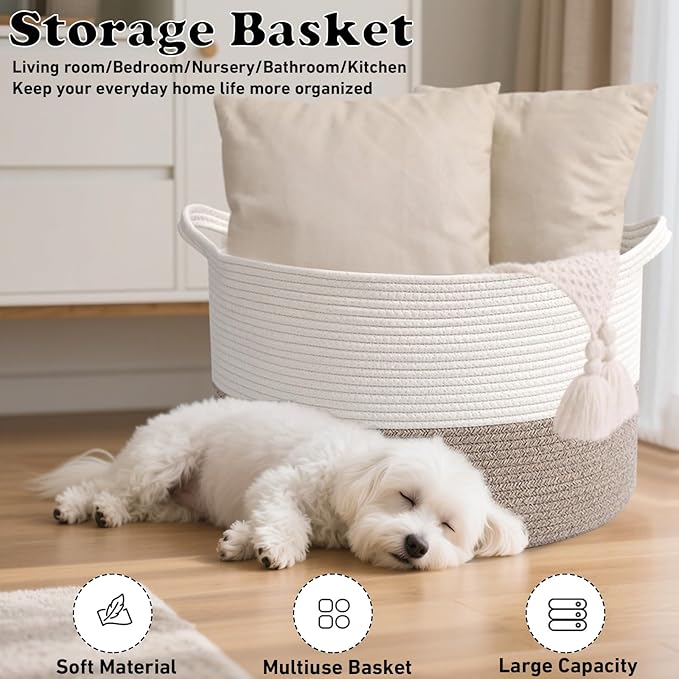 Large Woven Blanket Basket,65L Cotton Rope Laundry Basket Hamper with Handles, Decorative Nursery Basket Storage Bin for Toys, Clothes Organizer, Living Room, Bedroom, Bathroom, White & Brown