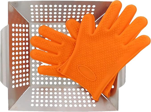 Yukon Glory Stainless Steel Grill Pan & BBQ Glove Set, Perfect for Veggies, Fish or Meat