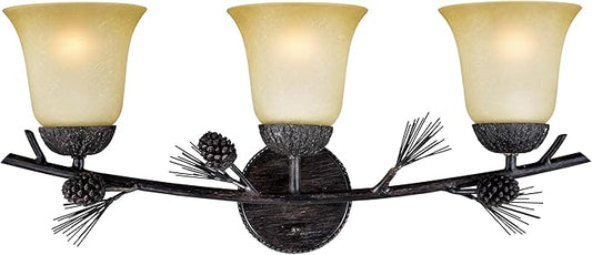 VAXCEL Sierra 3-Light 24 inch Wide Black Walnut Rustic Bathroom Vanity Lighting Fixture, Creme Cognac Glass Shade, Dimmable, LED Compatible, Pine Cone, Reversible Over the Mirror Mounted Wall Sconce