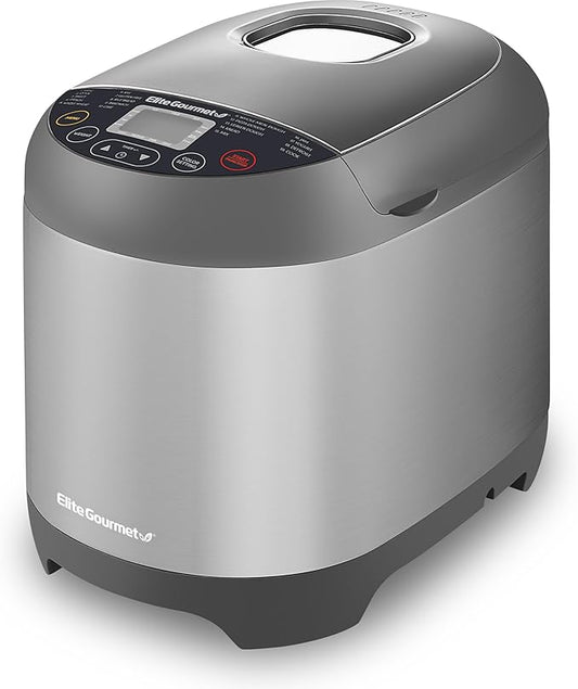 Elite Gourmet EBM8103SS Programmable Bread Maker Machine, 3 Loaf Sizes, 19 Menu Functions Gluten Free White Wheat Rye French and more, 2 Lb, Stainless Steel