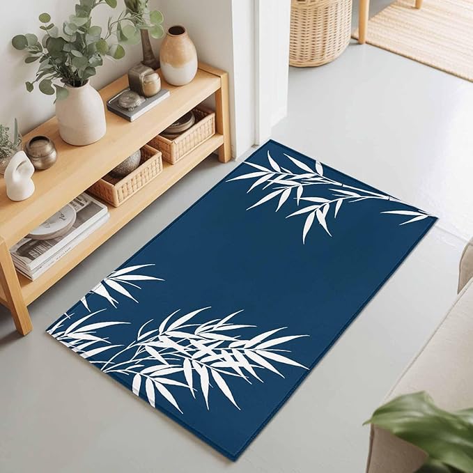 Area Rug 2x3ft, Country Leaf on Dark Blue Washable Rugs for Living Room Bedroom, Botanical Silhouette Minimalist Style Soft Non-Slip Area Rugs Rectangle Floor Carpet for Dining Room