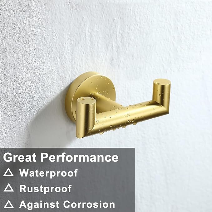Towel Hooks for Bathrooms, Brushed Gold Towel Hook for Kitchen Bathroom, SUS304 Stainless Steel Coat Hook, Heavy Duty Double Towels Holder Hooks for Hanging Towels,Coats, sponges, Wall Mount, 1 Pack