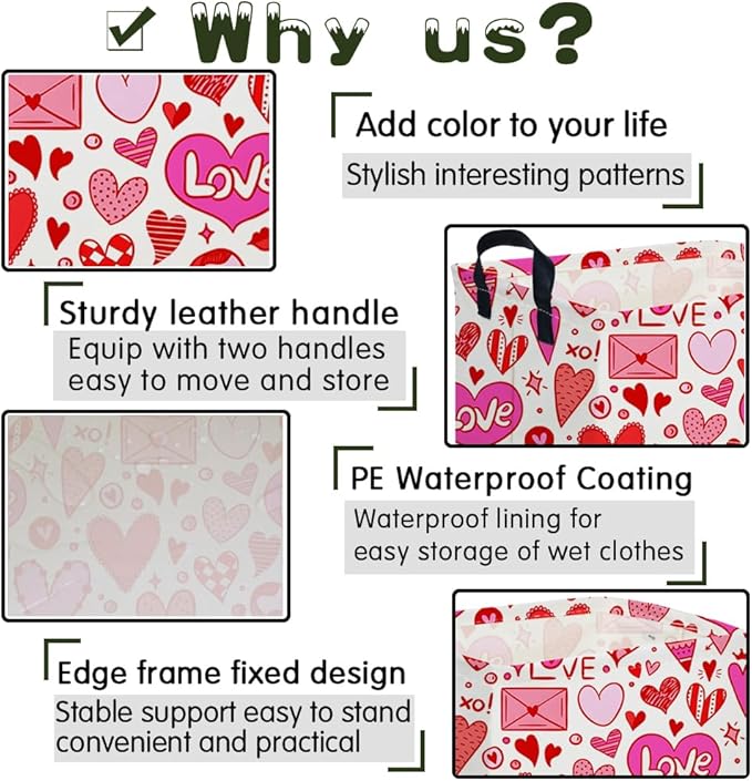 Rectangular Valentines Basket,baby Gift Basket Empty,Pink Gift baskets with Handle Organizer,Heart Print easter Baskets,Girl Room Decor(Grid love)