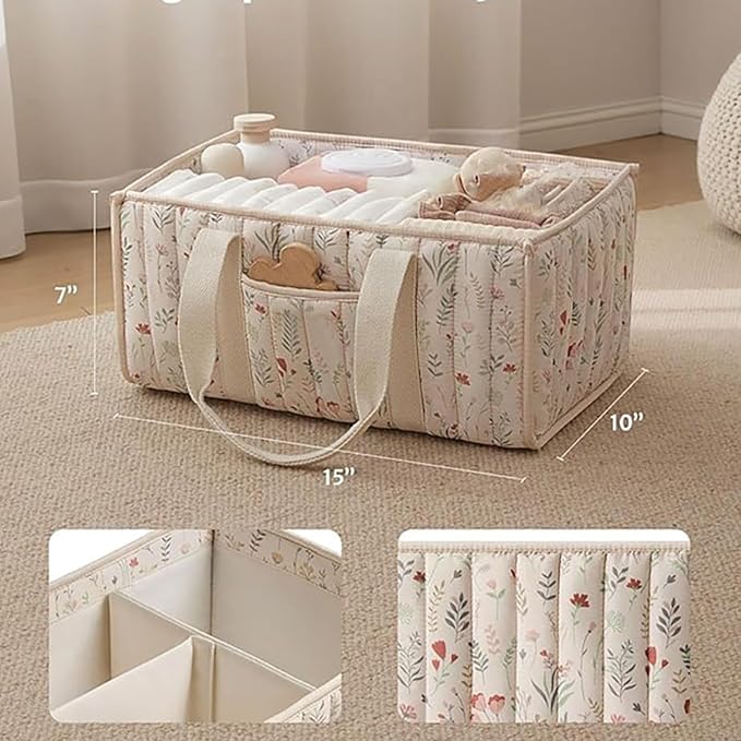 Quilted Fabric Storage Basket Floral Baby Diaper Caddy Quilted Basket for Nursery Bedroom Car Storage (L- Beige 02)