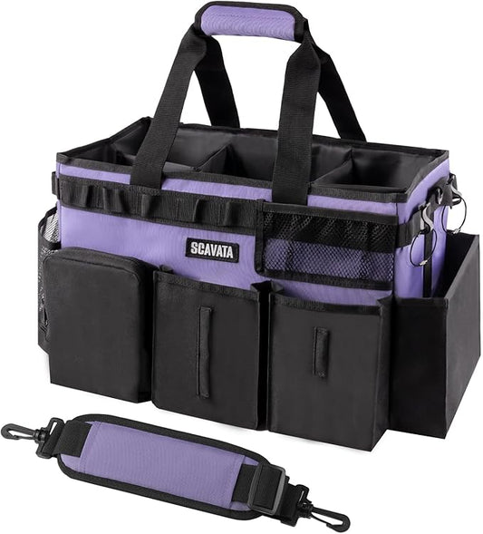 SCAVATA Wearable Cleaning Caddy Bag, Cleaning Caddy Supplies Organizer with Handle & Shoulder Straps for Housekeepers, Under Sink & Car Cleaning Tool Organizers with 4 Foldable Divider (Purple)