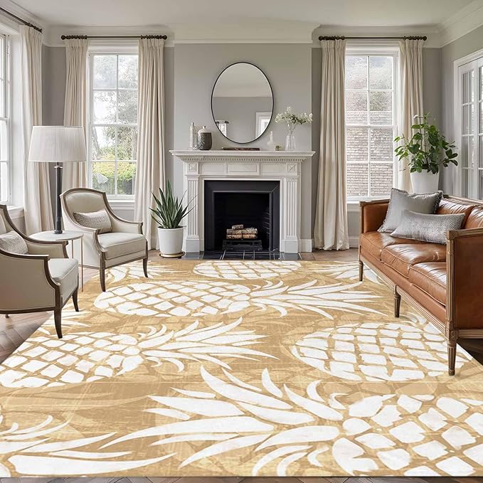 Area Rug 9x12ft, Summer Fruit Pineapple Washable Rugs for Living Room Bedroom Rectangle Floor Carpet, Rustic Vintage Tropical Leaves Soft Non-Slip Area Rugs for Dining Room