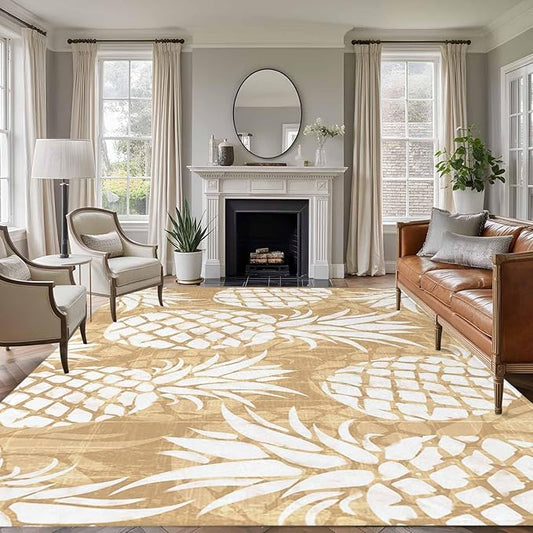 Area Rug 8x10ft, Summer Fruit Pineapple Washable Rugs for Living Room Bedroom, Rustic Vintage Tropical Leaves Soft Non-Slip Area Rugs Rectangle Floor Carpet for Dining Room