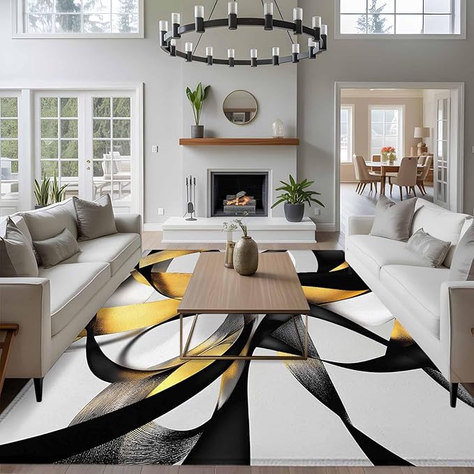 Area Rug 6x9ft, Modern Geometric Stripe Texture Washable Rugs for Living Room Bedroom, Abstract Gold Black White Line Soft Non-Slip Area Rugs Rectangle Floor Carpet for Dining Room