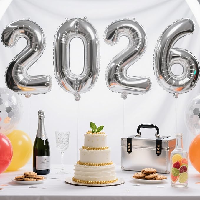 2026 Silver Foil Numbers Balloons(40 Inch) Happy New Years Eve Party Supplies 2026 New Year Graduation Balloons Decorations 20 26 Signs Props Birthday Anniversary Wedding Festival Ornament Decor