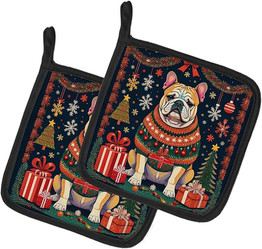 Caroline's Treasures English Bulldog Christmas Pair of Pot Holders Kitchen Heat Resistant Pot Holders Sets Oven Hot Pads for Cooking Baking BBQ, 7 1/2 x 7 1/2